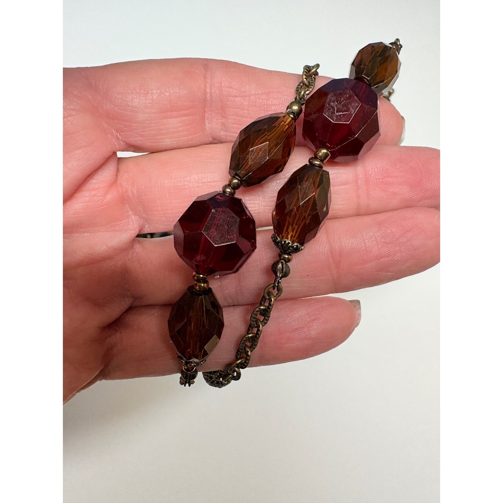 Avon Vintage Style Station Necklace Burgundy Warm Honey Beads Antique Brass - Picture 7 of 8